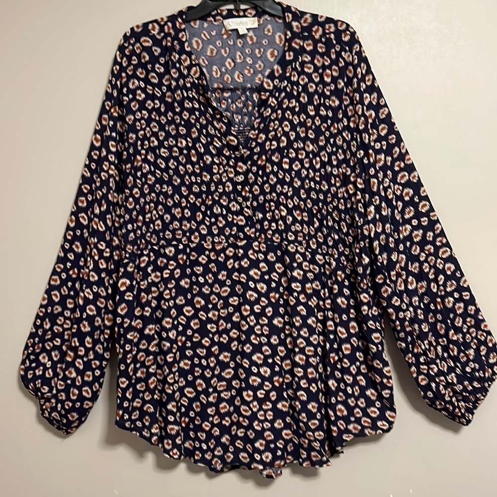 Suzanne Betro Peasant‎ Boho Smocked Chest Henley mother of pearl buttons Navy 3X